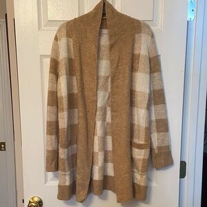 LOFT Tan and Cream Checkered Cardigan